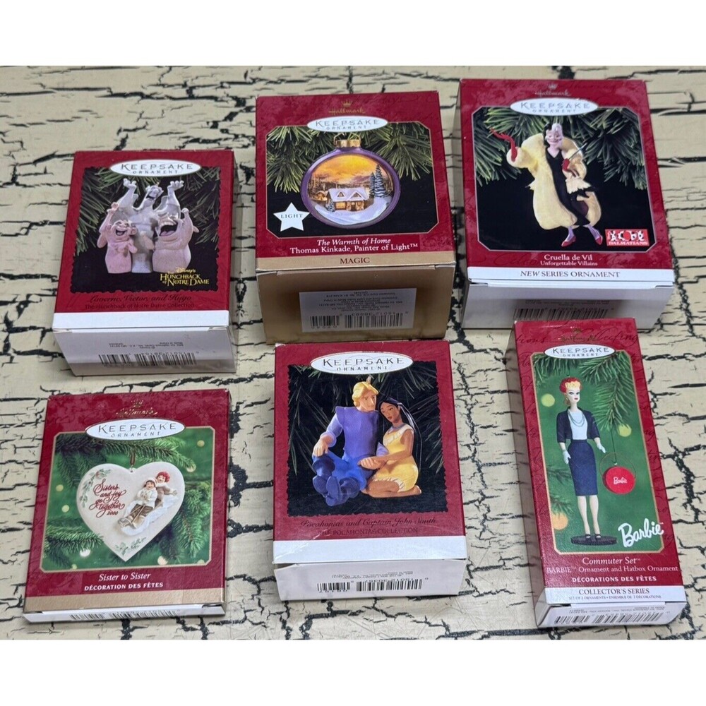 6 VTG Hallmark Keepsake Christmas Ornament Lot Barbie Disney Kinkade Cruella Sis